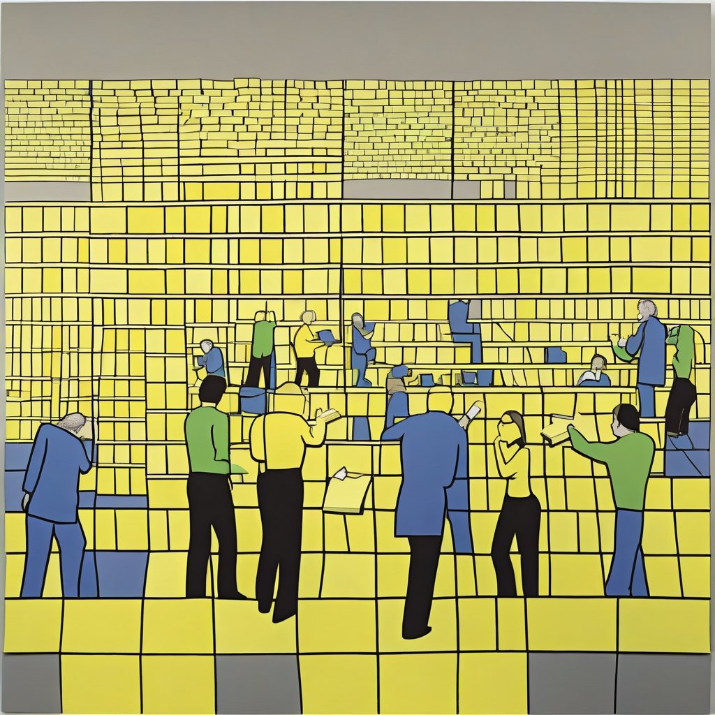 A seemingly endless row of sticky notes in tight grids with people slowly melting into them